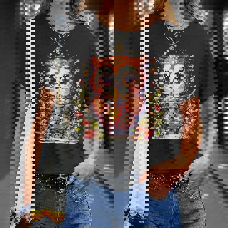 フクロウ ドリンク ボバ ティー ボヘミアン 羽 女の子 花 ニューエイジ Tシャツ 彼女への贈り物