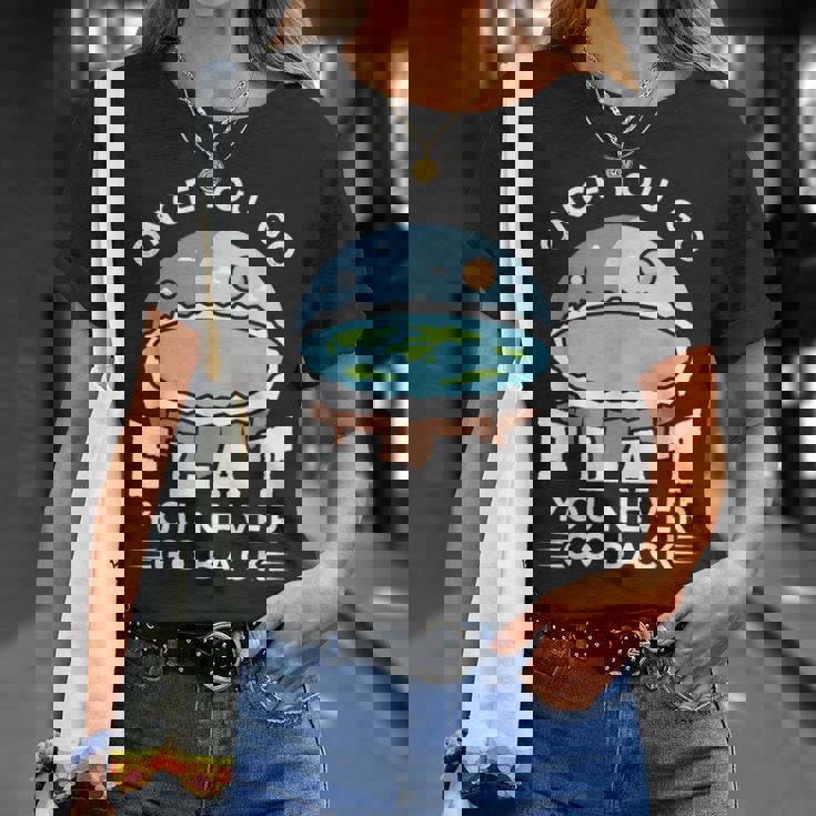 フラットアースデザインのアイデア 一度行けばフラット陰謀論 Tシャツ 彼女への贈り物