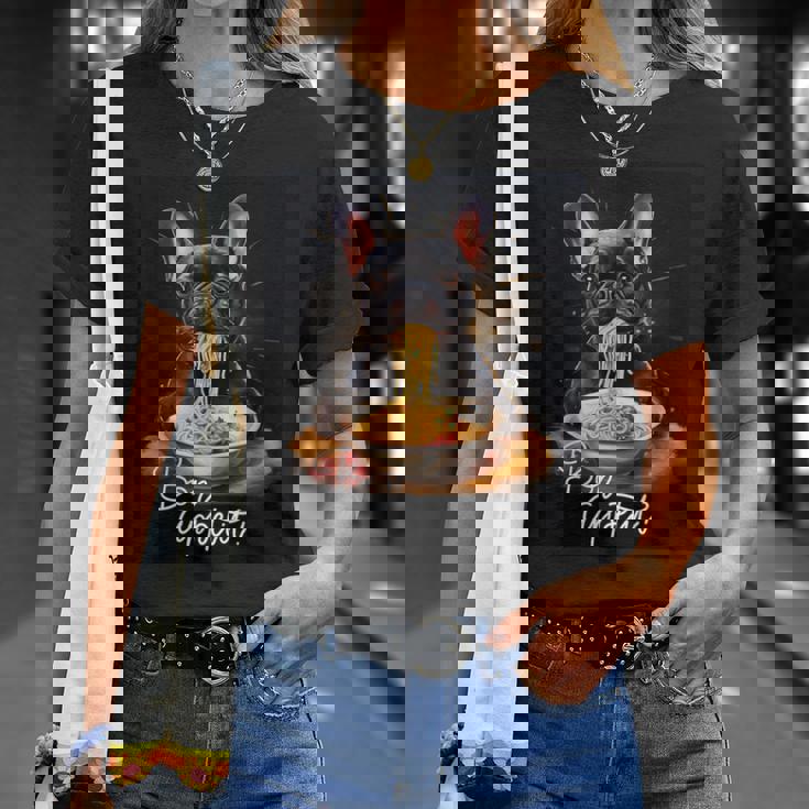 フレンチブルドッグ 食べる パスタ ボンアペティ カラフル ドッグアート Tシャツ 彼女への贈り物