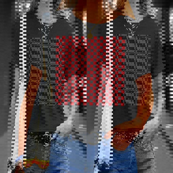 ブラック、レッド、チェッカーボードスクエアパターン、チェックデザイン。 Tシャツ 彼女への贈り物