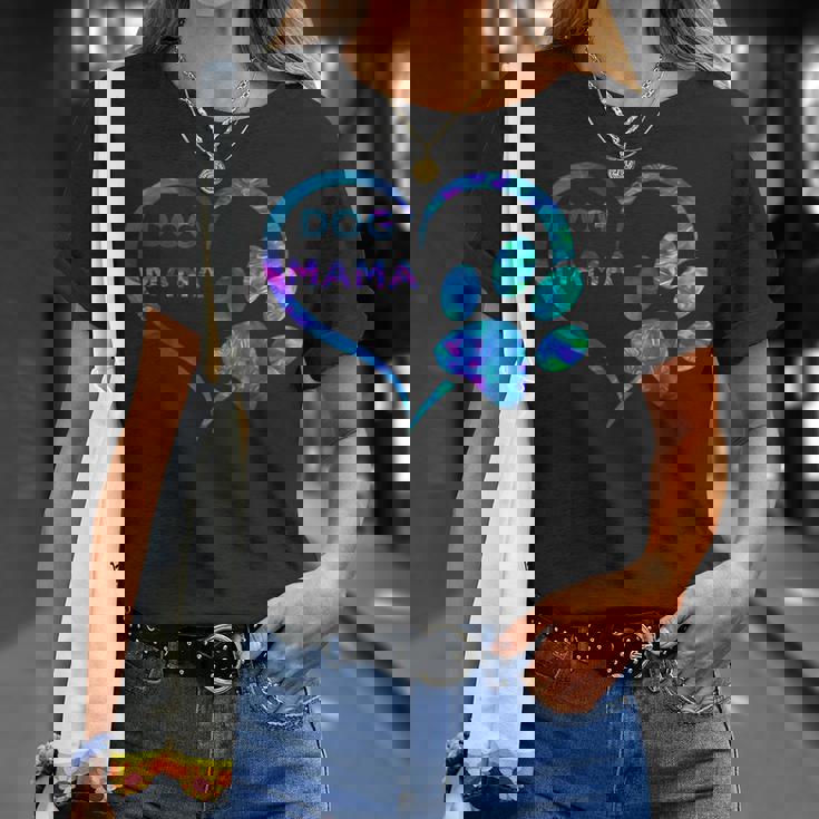 ブルーティールパープル ドッグママと足跡プリント ハート 犬 ママ Tシャツ 彼女への贈り物