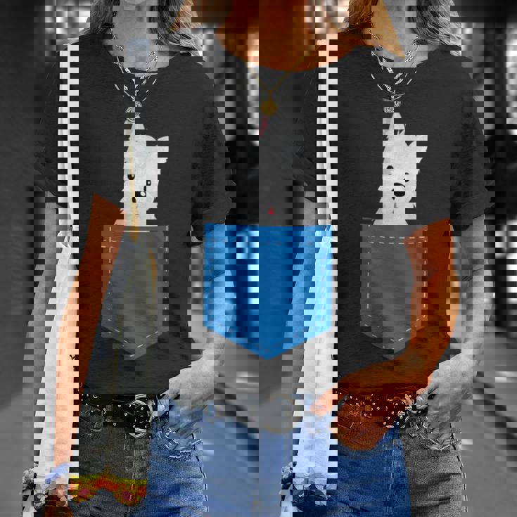 ポケットに犬のウェスティ犬テリアフロントポケット胸 Tシャツ 彼女への贈り物