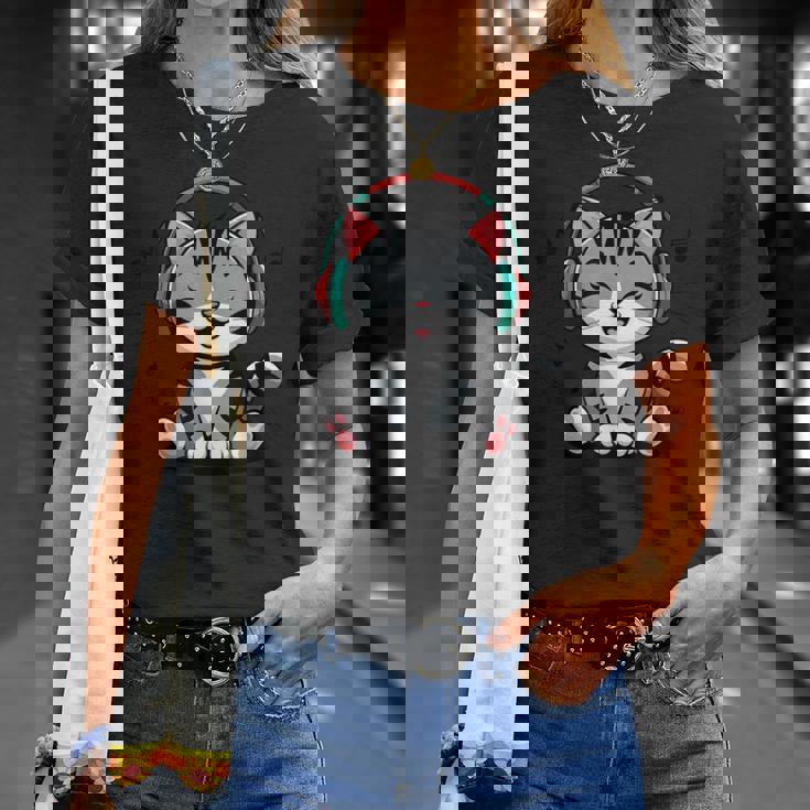 ミュージック・キャッツ ミュージシャンのための音符の衣装 ヘッドフォン猫 Tシャツ 彼女への贈り物