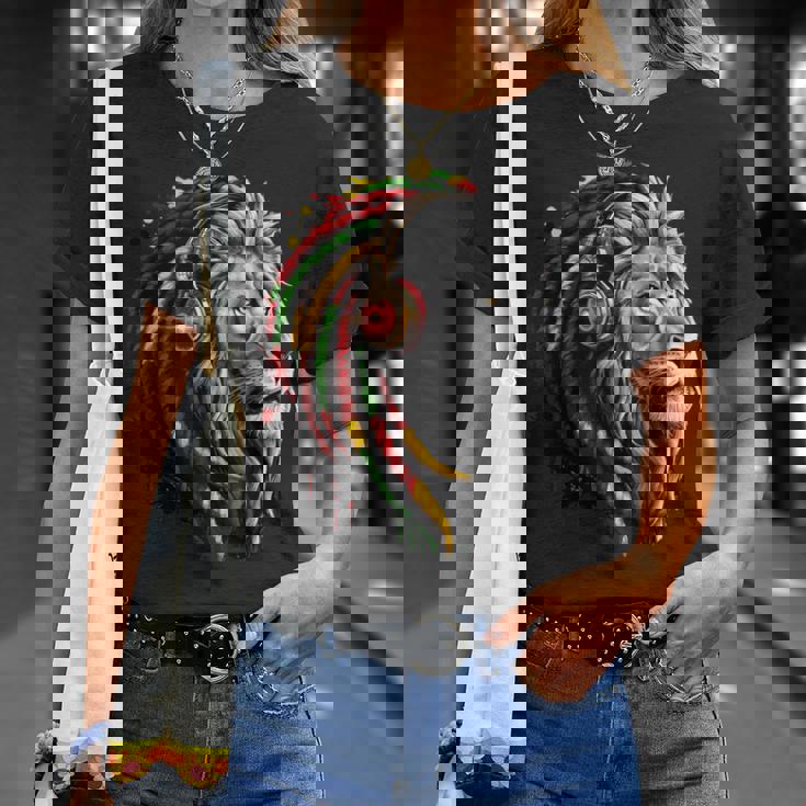 ラスタレゲエミュージックヘッドフォンジャマイカンルーツプライドライオン Tシャツ 彼女への贈り物