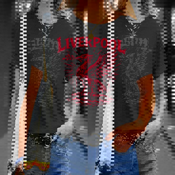 リバプール イングランド Zine インク 肝臓 鳥 レッドプリント Tシャツ 彼女への贈り物