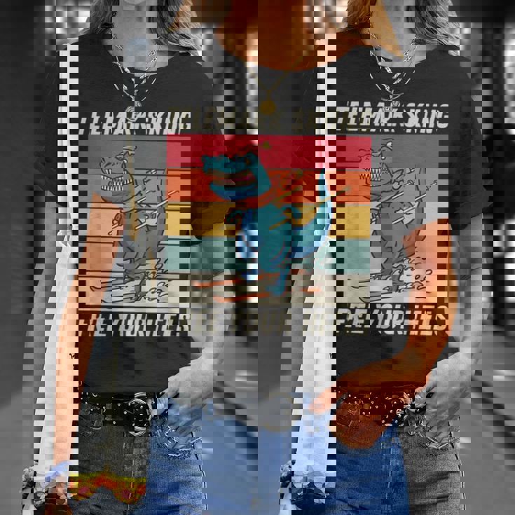 レトロ かわいい 漫画 恐竜 スキーヤー テレマーク スキー Tシャツ 彼女への贈り物