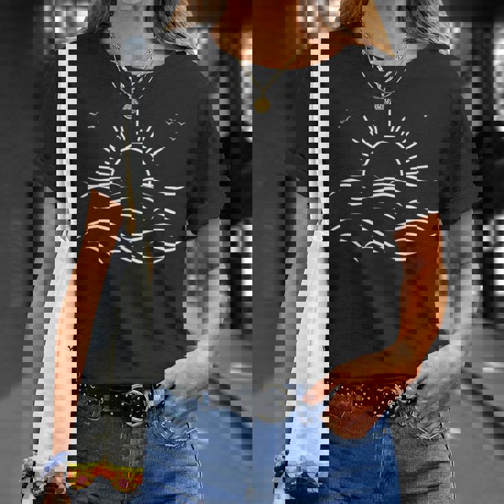 ヴィンテージ 海 夕日 鳥 飛ぶ 穏やかな 波 沿岸 自然 長袖tシャツ Tシャツ 彼女への贈り物