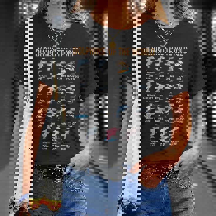 世界のイルカ 種チャート 教育 海洋生物 Tシャツ 彼女への贈り物