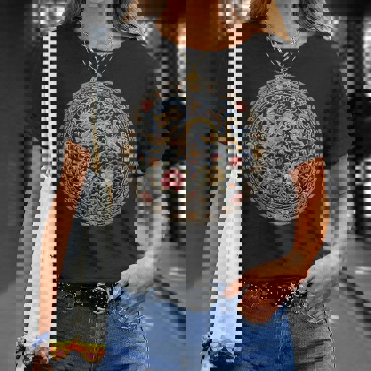 中国刺繍柄 龍 竜 ドラゴン 中国 清朝 ドラマ 牡丹 Tシャツ 彼女への贈り物