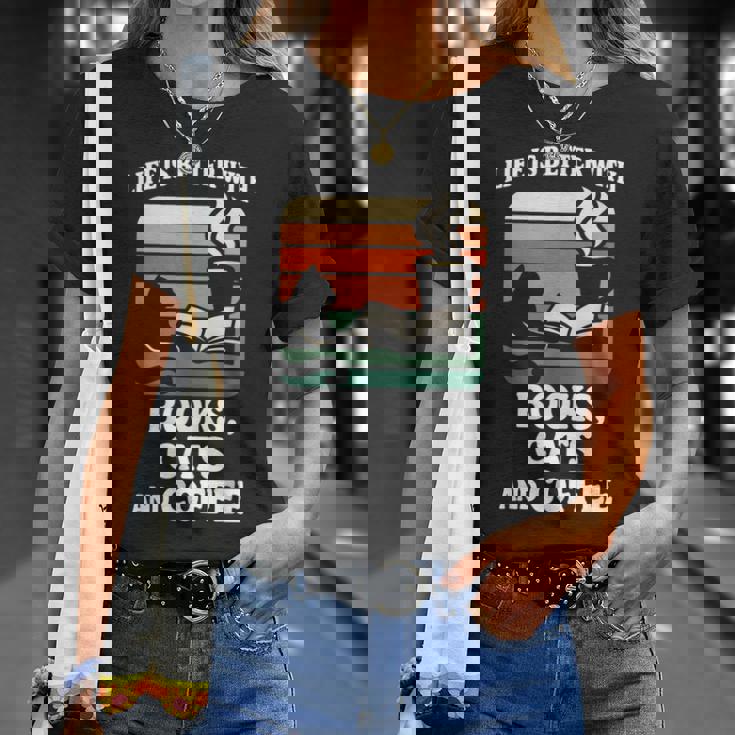 人生は本と猫と一緒に猫を読む カフェ 図書館 Tシャツ 彼女への贈り物