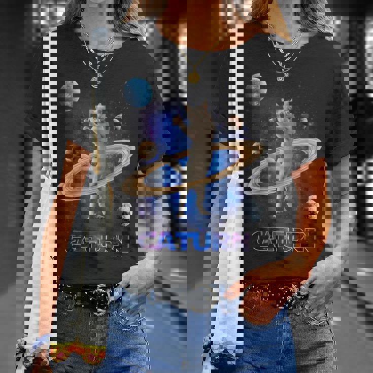 宇宙の土星猫土星ギャラクシー面白い子猫猫の恋人 Tシャツ 彼女への贈り物