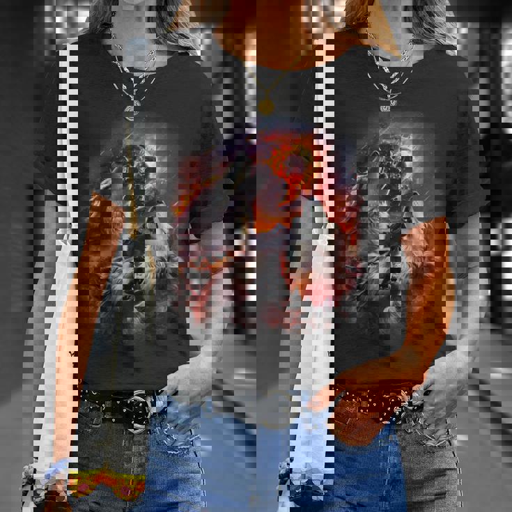 小惑星衝突月の下で燃える森で吠えるオオカミ Tシャツ 彼女への贈り物