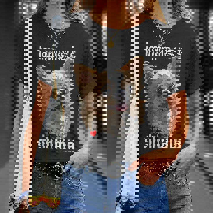 幸せはロングヘア チワワ 長髪 チワワ ママ パパ Tシャツ 彼女への贈り物