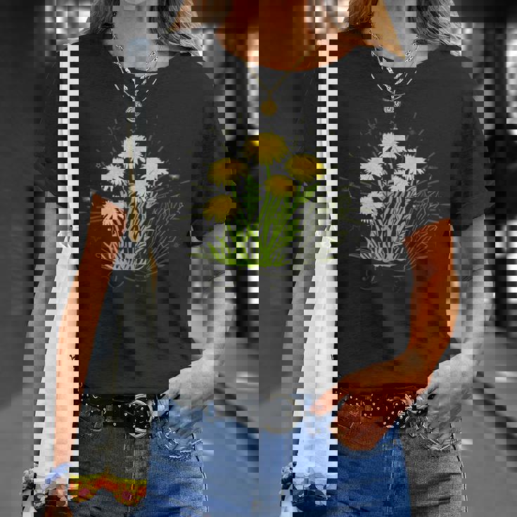 星と水晶の先端の夏の花とタンポポ Tシャツ 彼女への贈り物