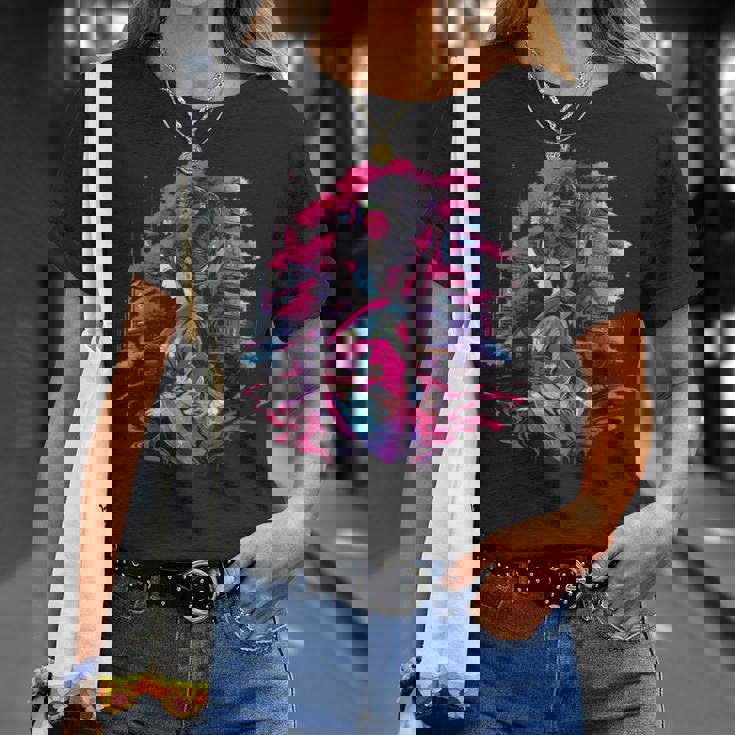 桜と芸者、サイバーパンク・イラストレーション Tシャツ 彼女への贈り物