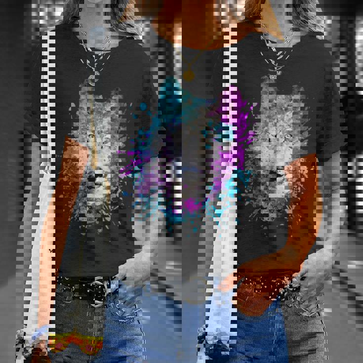 水彩 狼 頭 カラフル オオカミ 贈り物 Tシャツ 彼女への贈り物