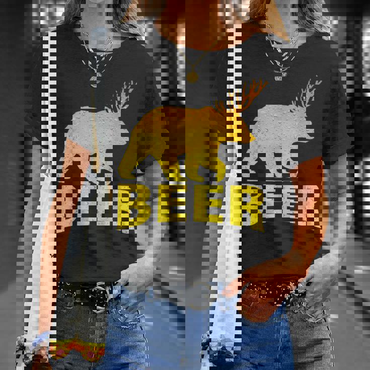 狩猟 ビール スピリット 動物 ティー ベア 鹿 ティー ビール クマ 鹿 Tシャツ 彼女への贈り物