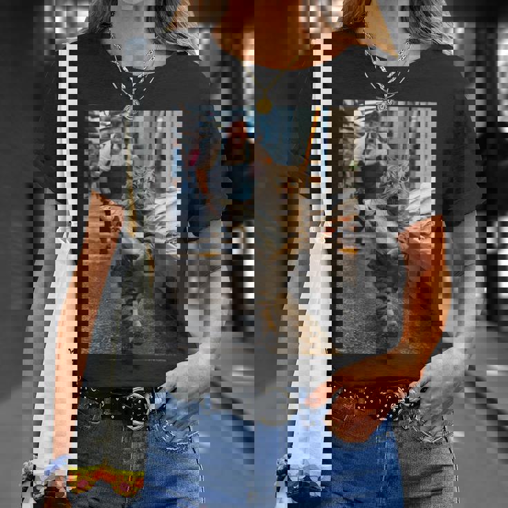 猫が魚市場を盗む冒険ファニーアートミーム Tシャツ 彼女への贈り物