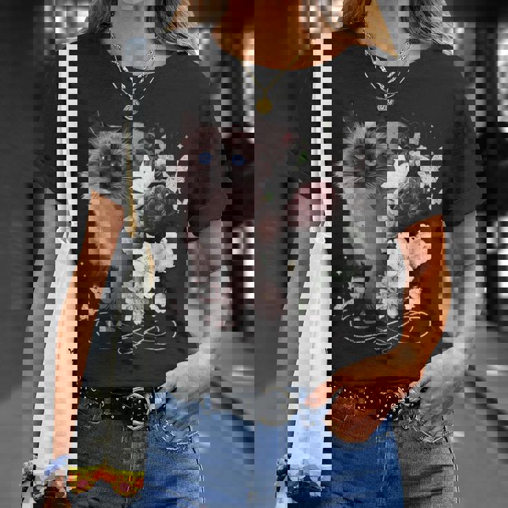 花とシャム猫、ヴィンテージ感、花柄シャム猫 Tシャツ 彼女への贈り物