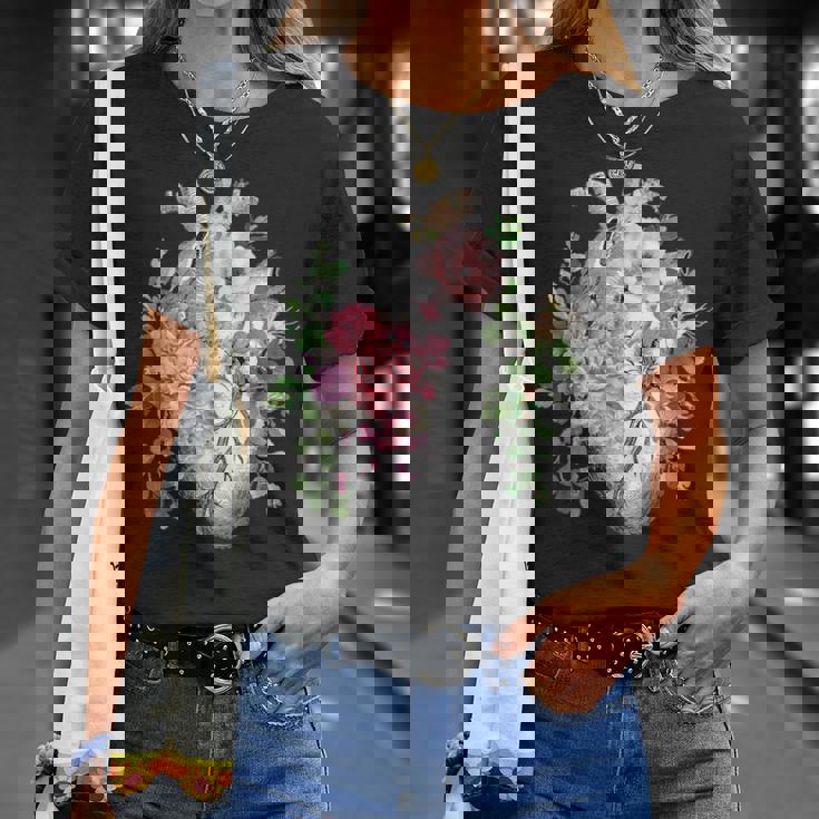 花の解剖学 人間の心とバラ、ボタニカルハート Tシャツ 彼女への贈り物