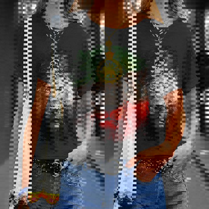 金色のライオンの頭が付いたイランの国旗。 Tシャツ 彼女への贈り物