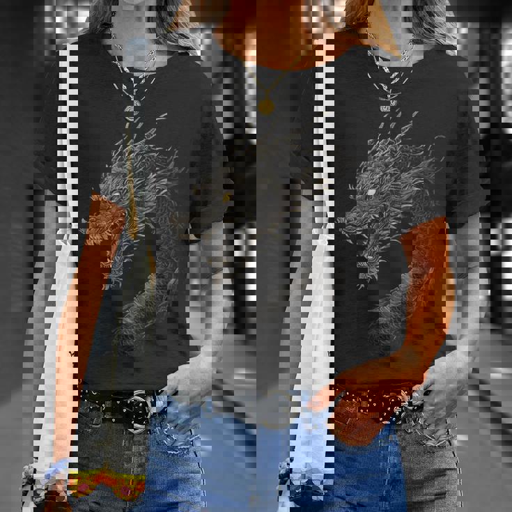 黒龍モチーフ 神話上の作品 黒龍 Tシャツ 彼女への贈り物