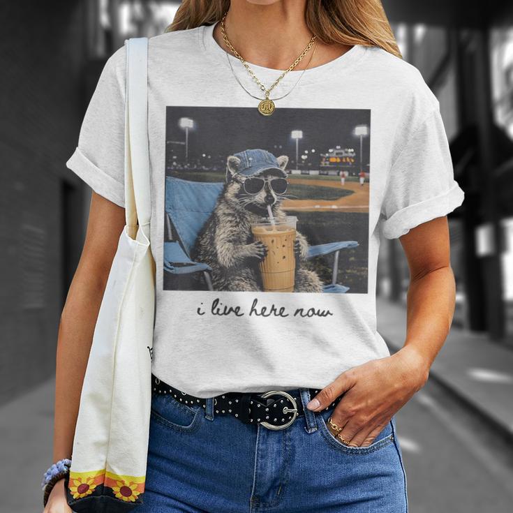 I Live Ballfield Now Cute Raccoon Baseball Softball Mom T-Shirt Gifts for Her