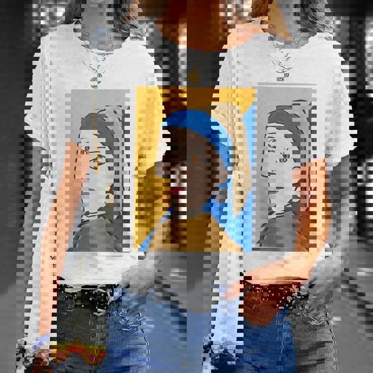 《バックプリント・背中側》【ピカソ風】真珠の耳飾りの少女／フェルメール（パロディ）【世界の名画】面白い Tシャツ 彼女への贈り物