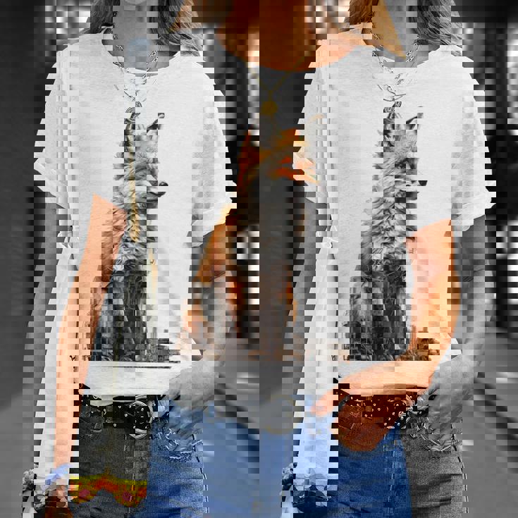 キツネ アニマル柄 モチーフ 抽象 イラスト 描画 狐 Tシャツ 彼女への贈り物