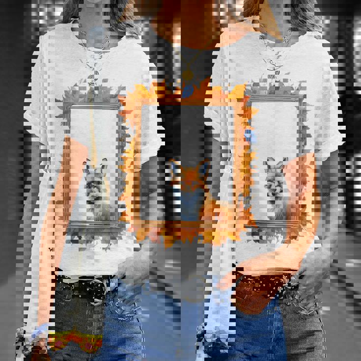 キツネ アニマル柄 モチーフ 紅葉 イラスト 自然 狐 Tシャツ 彼女への贈り物