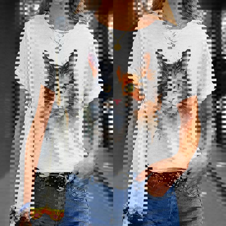 クールな水彩 三毛猫顔 三毛猫 お母さん 猫 お父さん Tシャツ 彼女への贈り物