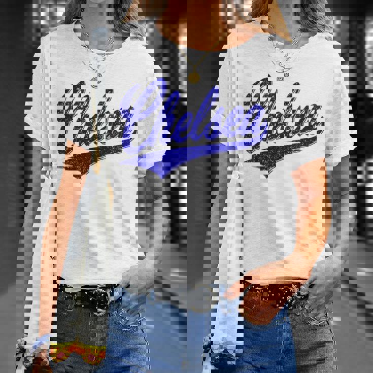 チェルシー ロンドン イングランド バーシティ スクリプト クラシック スポーツ ジャージ Tシャツ 彼女への贈り物