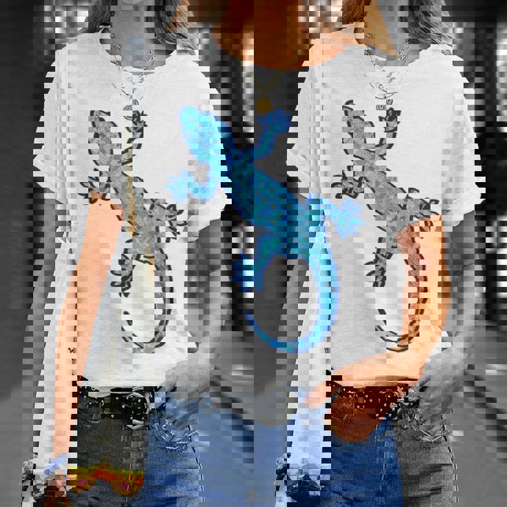 トライバル バティック パターン ヤモリトカゲ デニムブルーtシャツ Tシャツ 彼女への贈り物