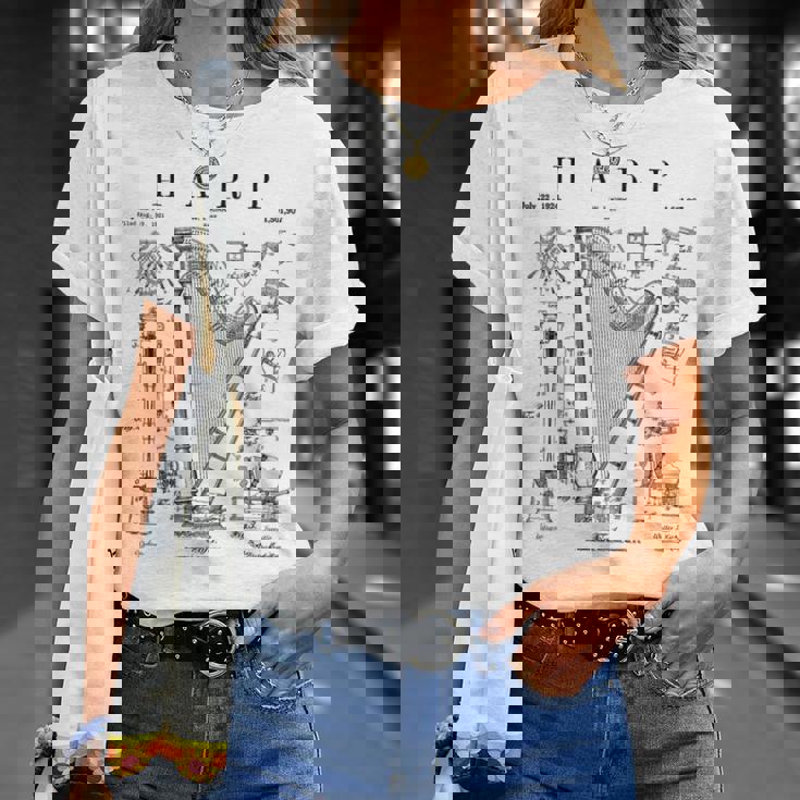 ハープ ヴィンテージ 特許ハーピスト ドローイングプリント Tシャツ 彼女への贈り物
