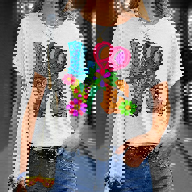 明るくカラフルな愛と平和 ピースサイン フラワートップ Tシャツ 彼女への贈り物