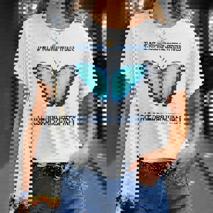 最も美しい蝶青いモルフォバタフライ Tシャツ 彼女への贈り物