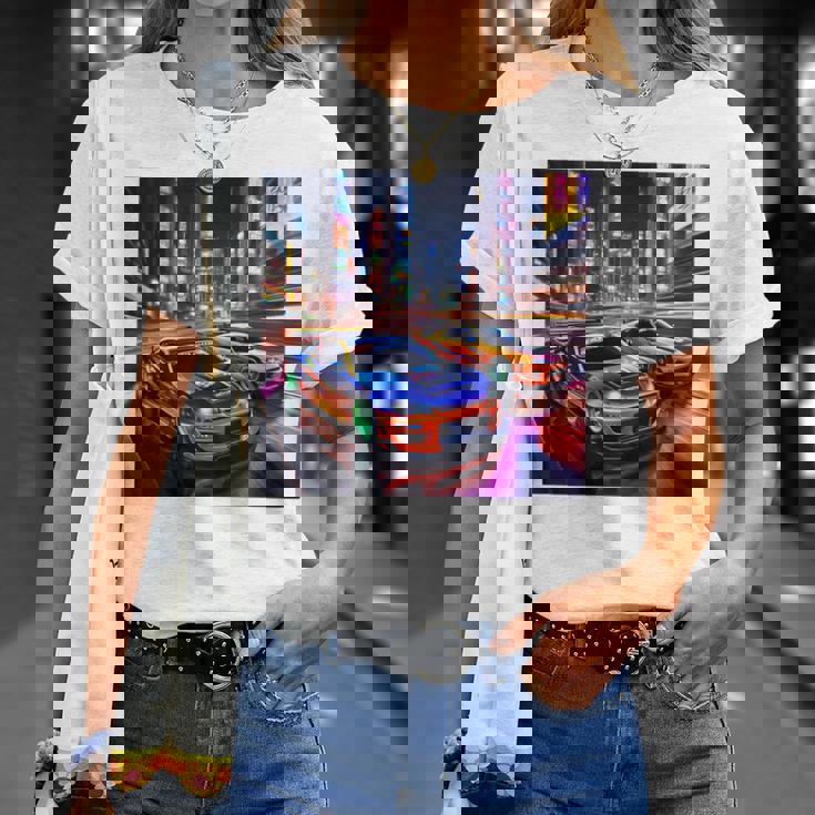 背面にjdmドリフトレーシングカー東京ドリフトスカイライン2台。 Tシャツ 彼女への贈り物