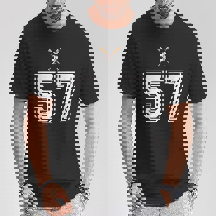 57 番 野球スタイル ヴィンテージホワイト Tシャツ 面白い贈り物