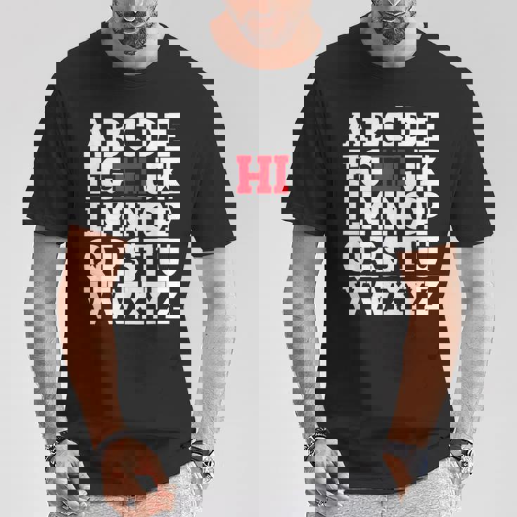 Abcのhiおかしいこんにちはアルファベット学生教師グリーティング Tシャツ 面白い贈り物