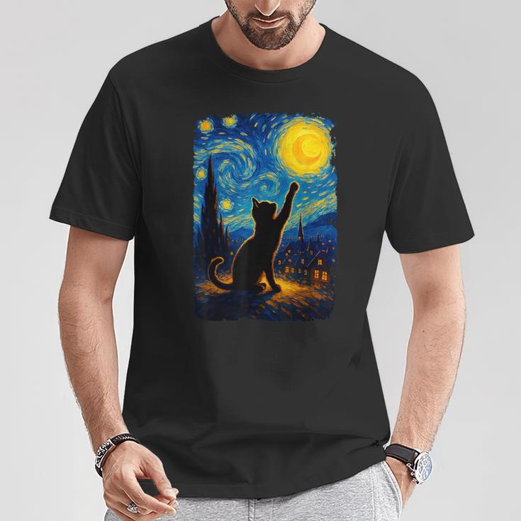 Black Cat Starry Night Van Gogh Cat Cat Mom Cat Dad T-Shirt Unique Gifts