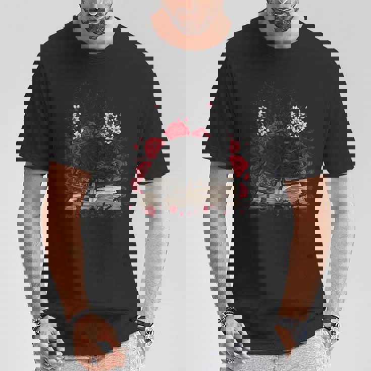 Gato Negro Durmiendo En Brujas Grimorio Con Rosas Espinas Camiseta unisex Regalos divertidos