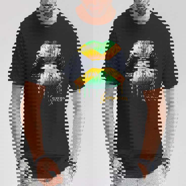 Lips Jamaican Flag Jamaica Love Travelacation Tシャツ 面白い贈り物