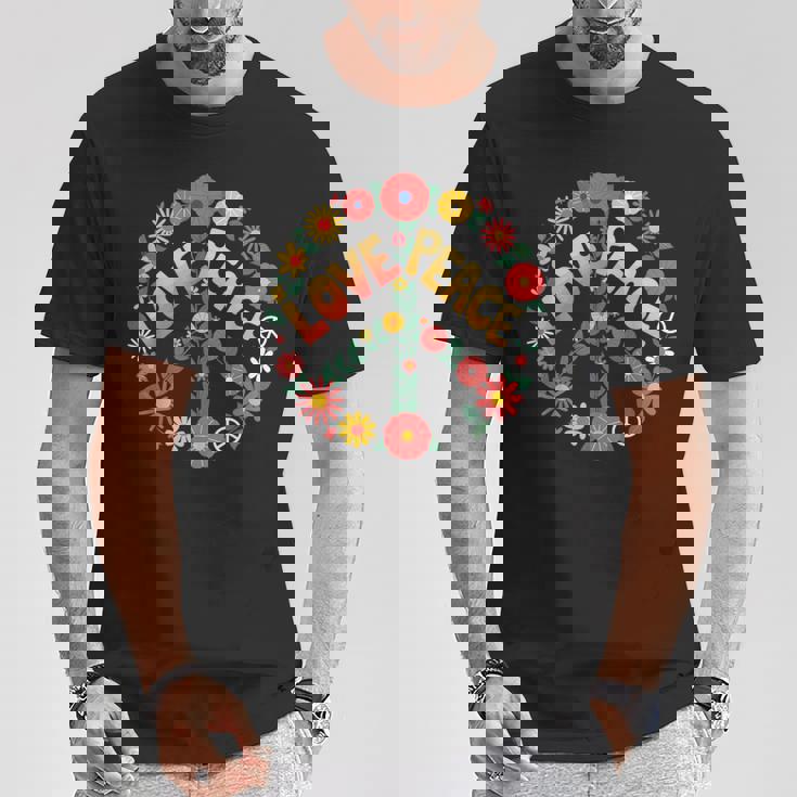 Love Peace Flower Power レトロ ヒッピー フローラル ピースマーク Tシャツ 面白い贈り物