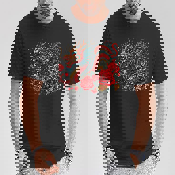 Masque D'anime Japonais Kitsune Dragon Chinois Avec Rose T-Shirt Cadeaux drôles