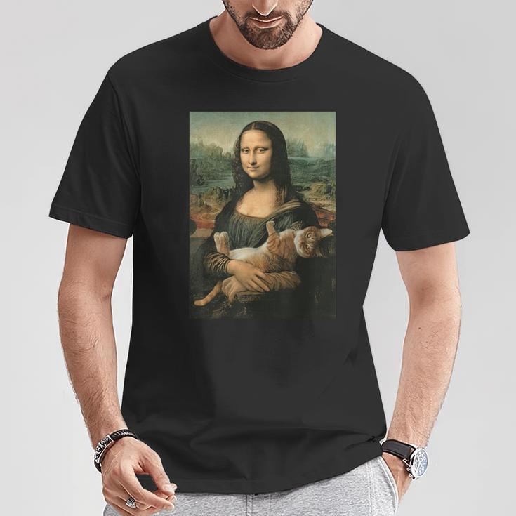 Mona Lisa Mit Orangefarbener Katze Lustige Kunstmalerei T-Shirt Lustige Geschenke