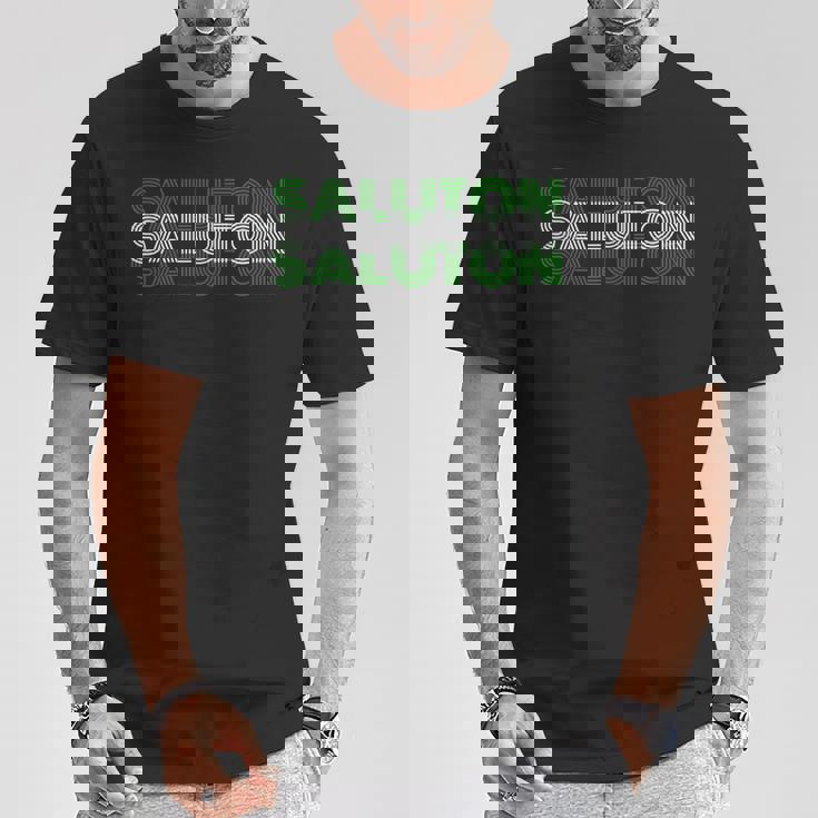 Saluton エスペラントのヘロ レトロテキスト Tシャツ 面白い贈り物