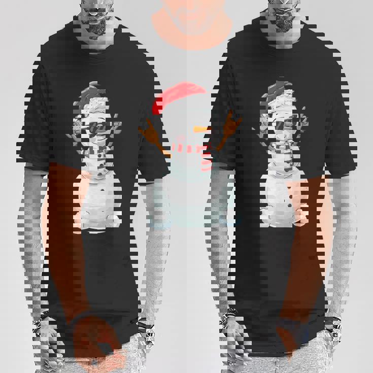 Santa Snowman Rock Hand Sign Language Xmas Rock Music Lover T-Shirt Unique Gifts