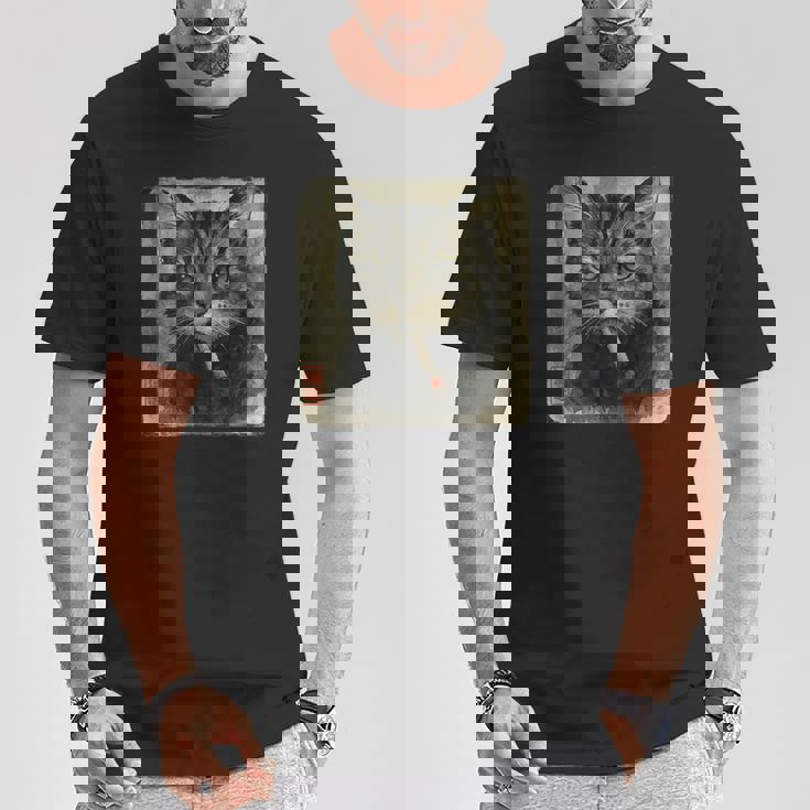 おもしろい 悲しい猫 喫煙 タバコ ミーム 恋人 墨絵 日本語 Tシャツ 面白い贈り物