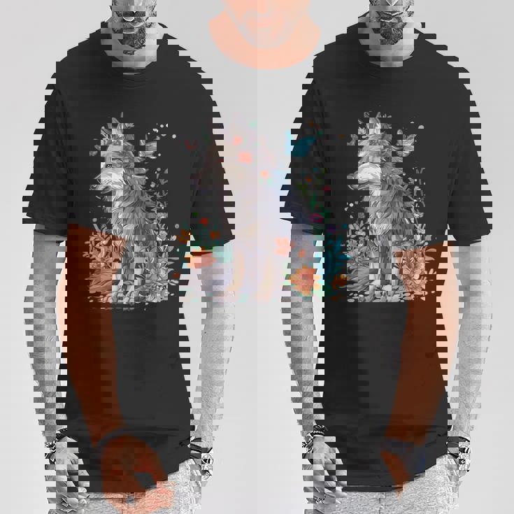 かわいいオオカミ 花 I キッズ オオカミ 長袖tシャツ Tシャツ 面白い贈り物