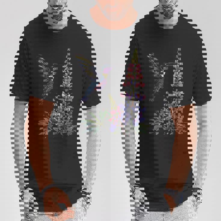 かわいいハチドリ バードウォッチング ルピナスフラワーガール 植物 ママ 長袖tシャツ Tシャツ 面白い贈り物